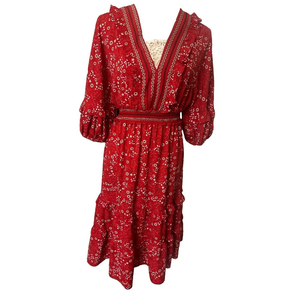 MAX STUDIO Red Floral Lace V-Neck Tiered Smocked Ruffle 3/4 Sleeve Midi Dress S